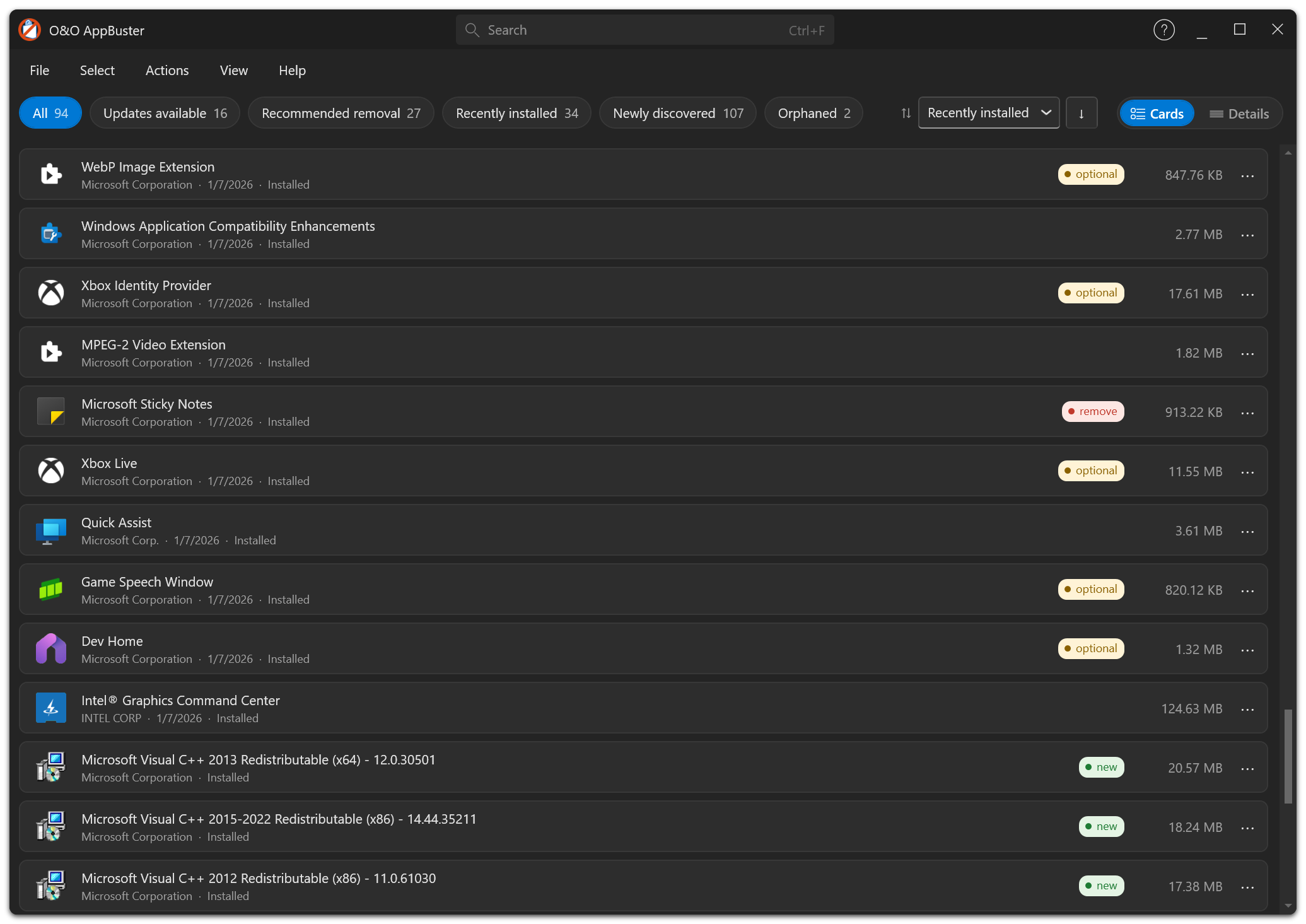 The app list in dark mode