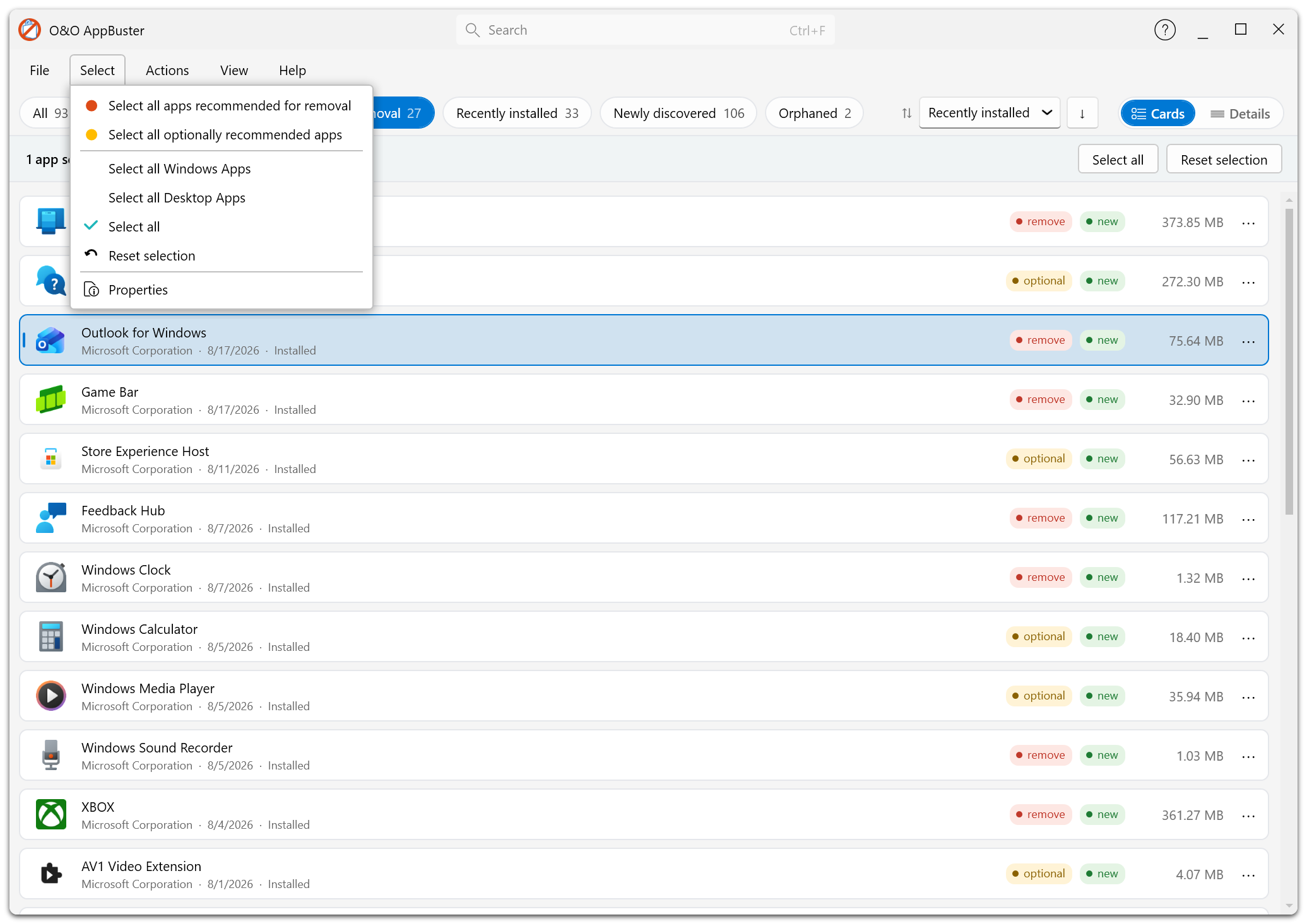 The Select menu with its bulk selection entries