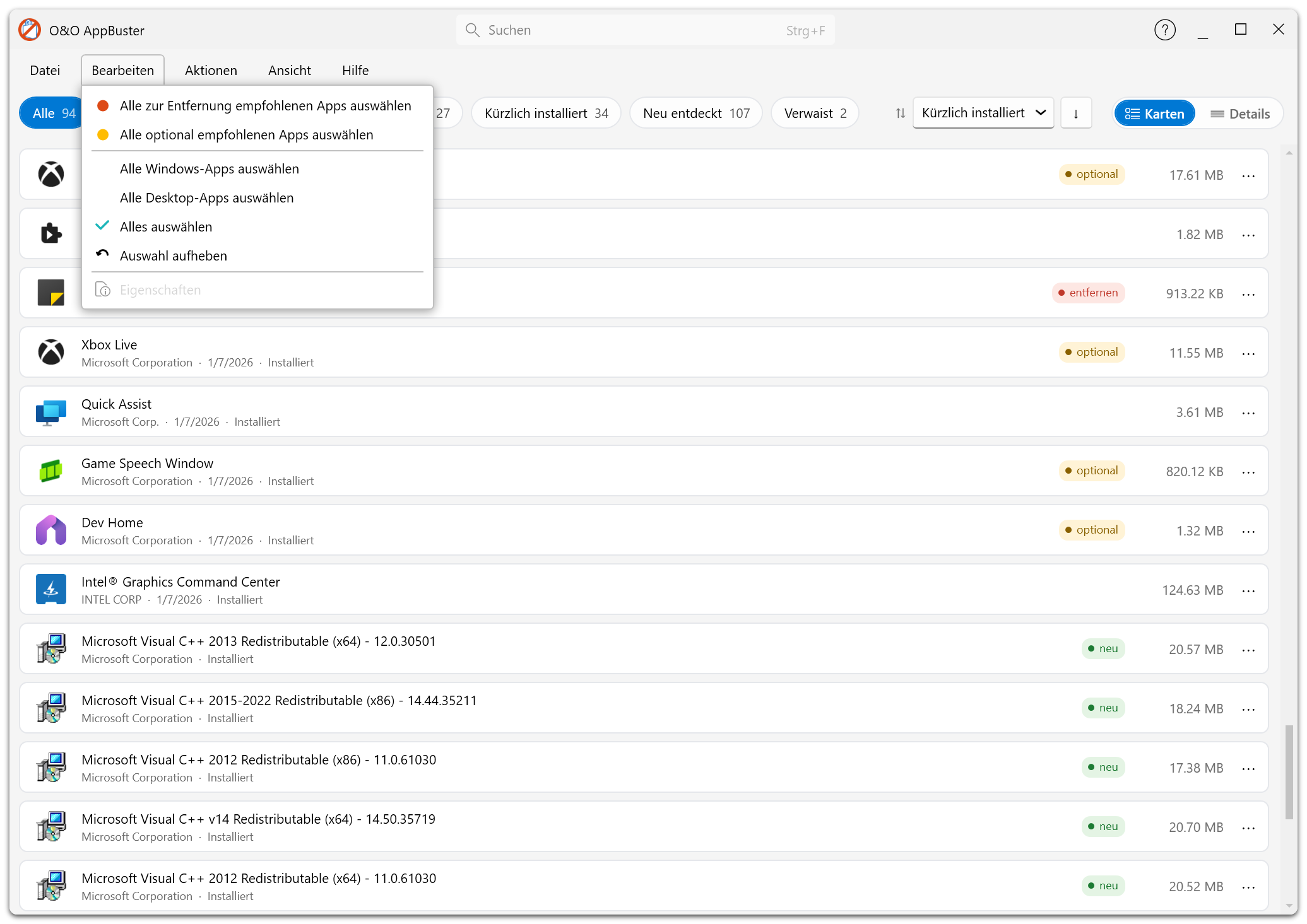 Das Menü „Bearbeiten“ mit den Sammelauswahlen
