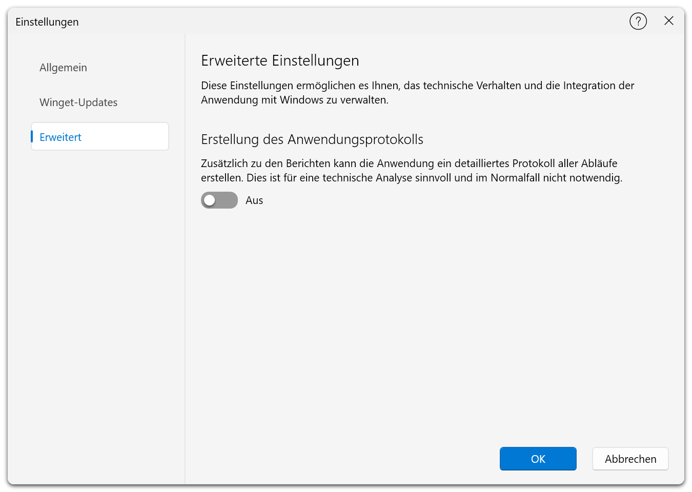 Die Seite „Erweitert“ des Einstellungsdialogs