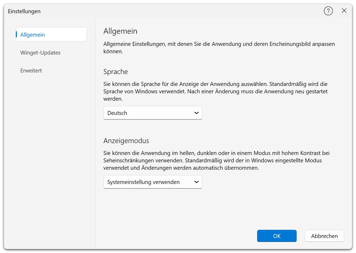 Die Seite „Allgemein“ des Einstellungsdialogs