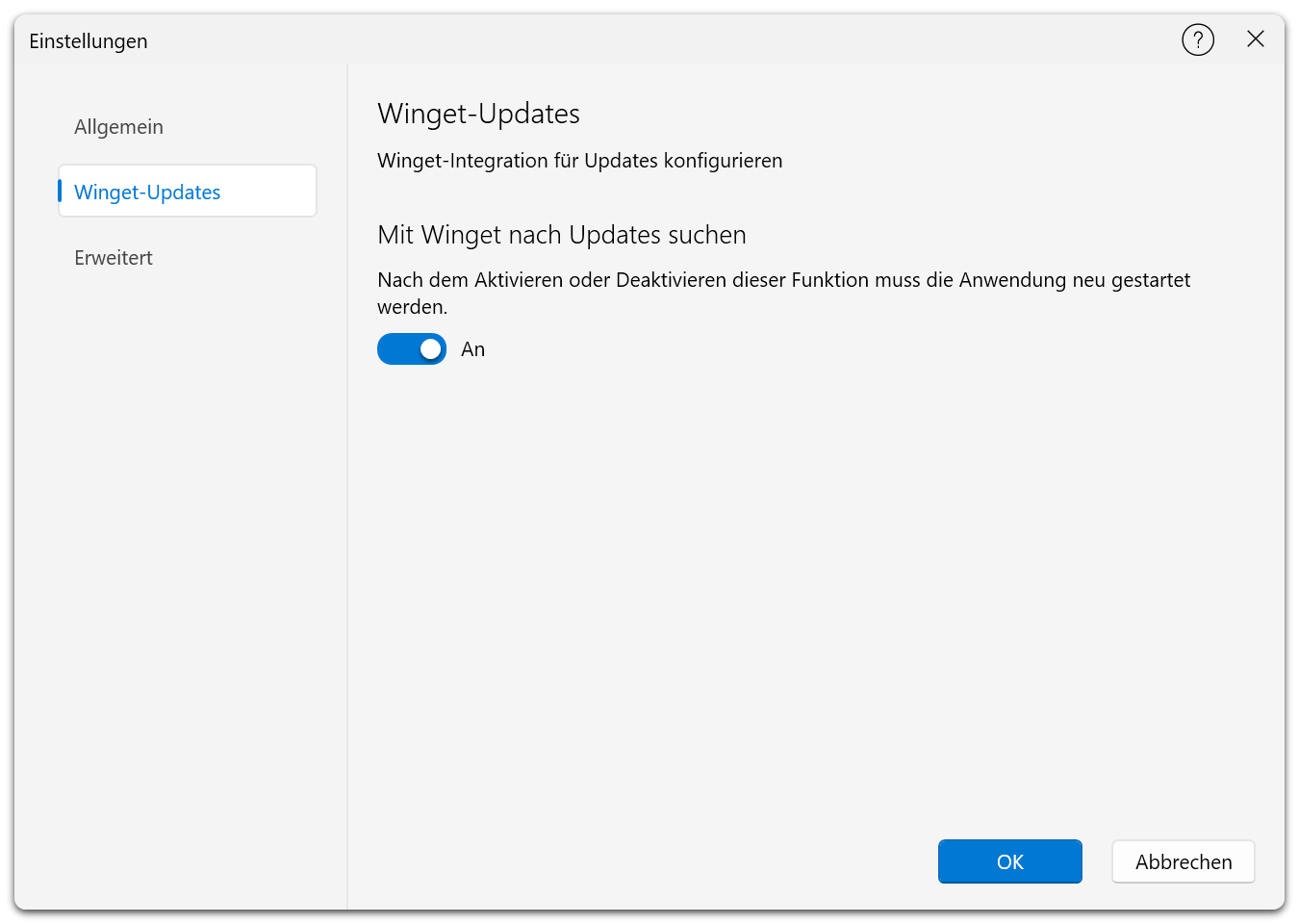 Die Seite „Winget-Updates“ des Einstellungsdialogs