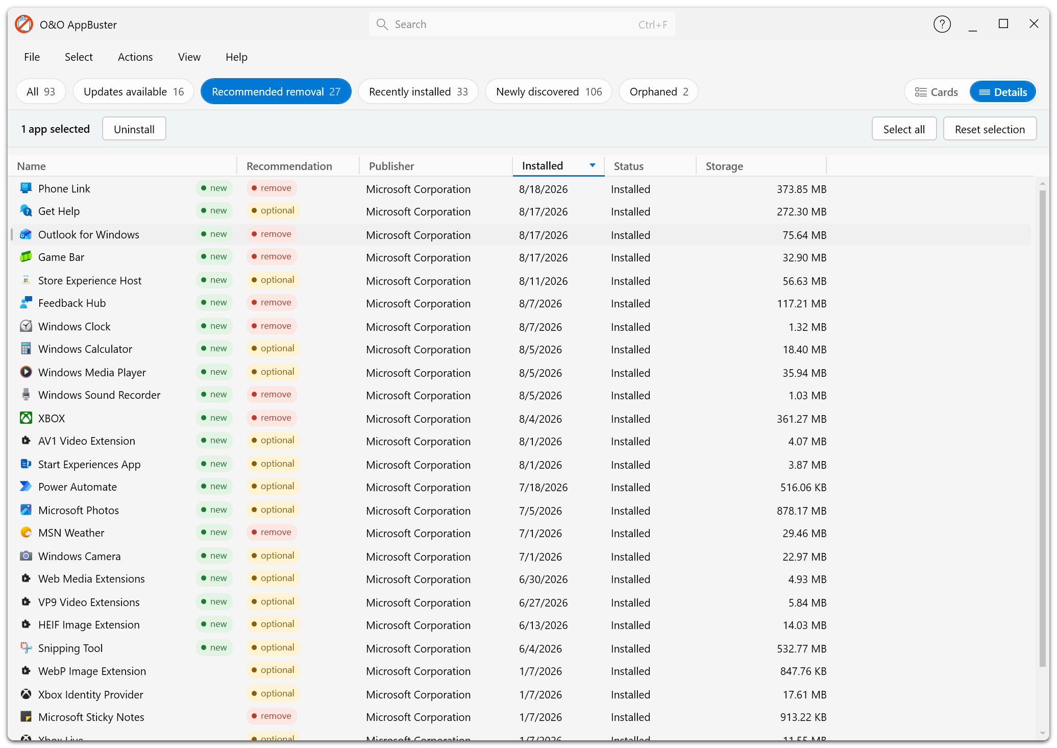 The Details layout of the app list