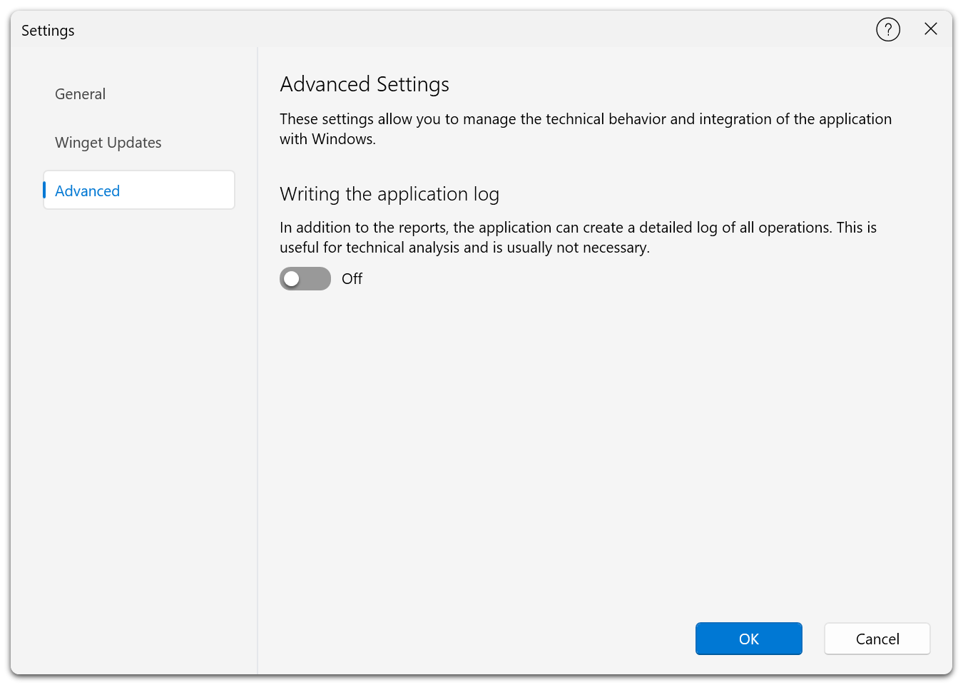 The Advanced page of the settings dialog
