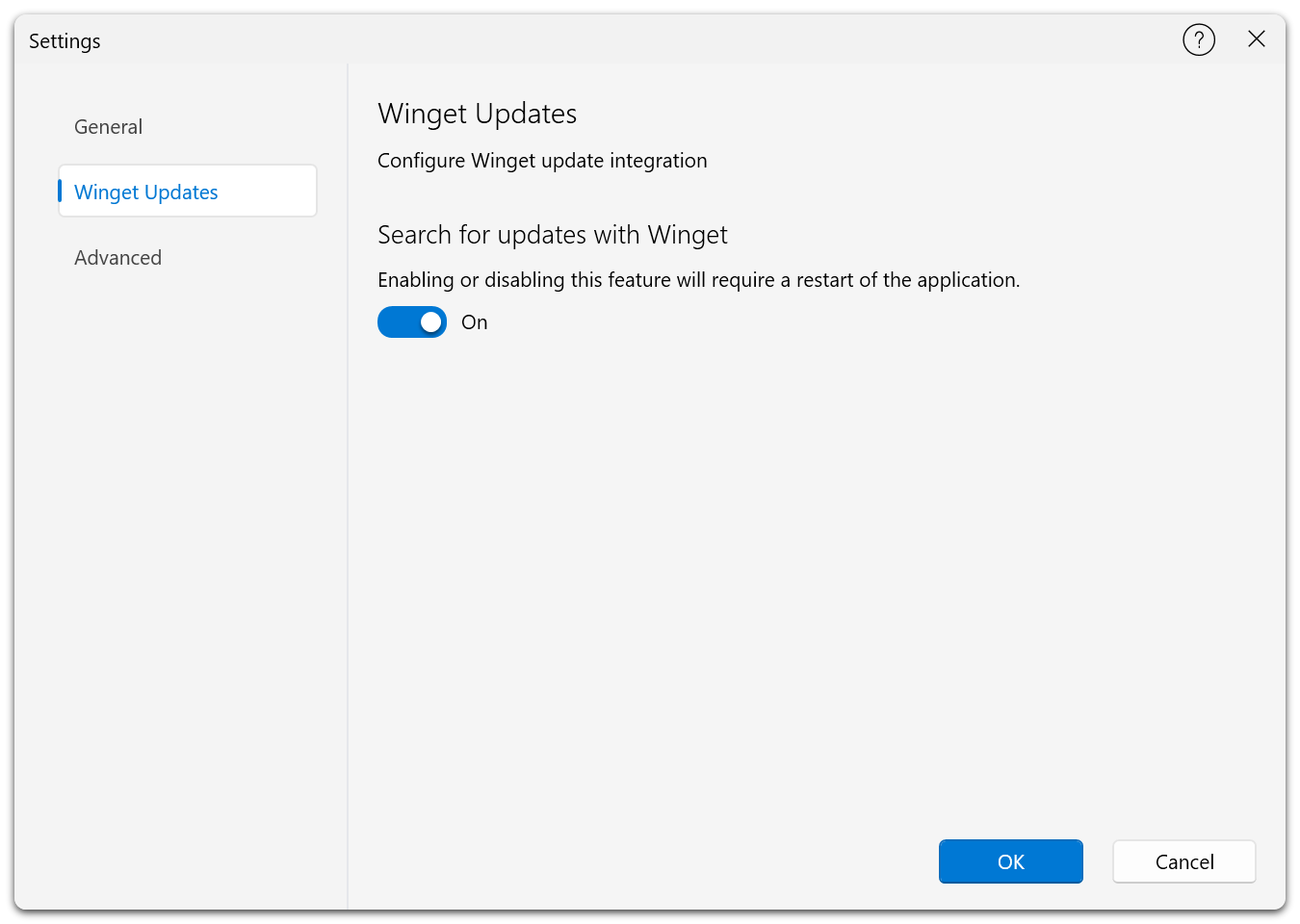 The Winget Updates page of the settings dialog