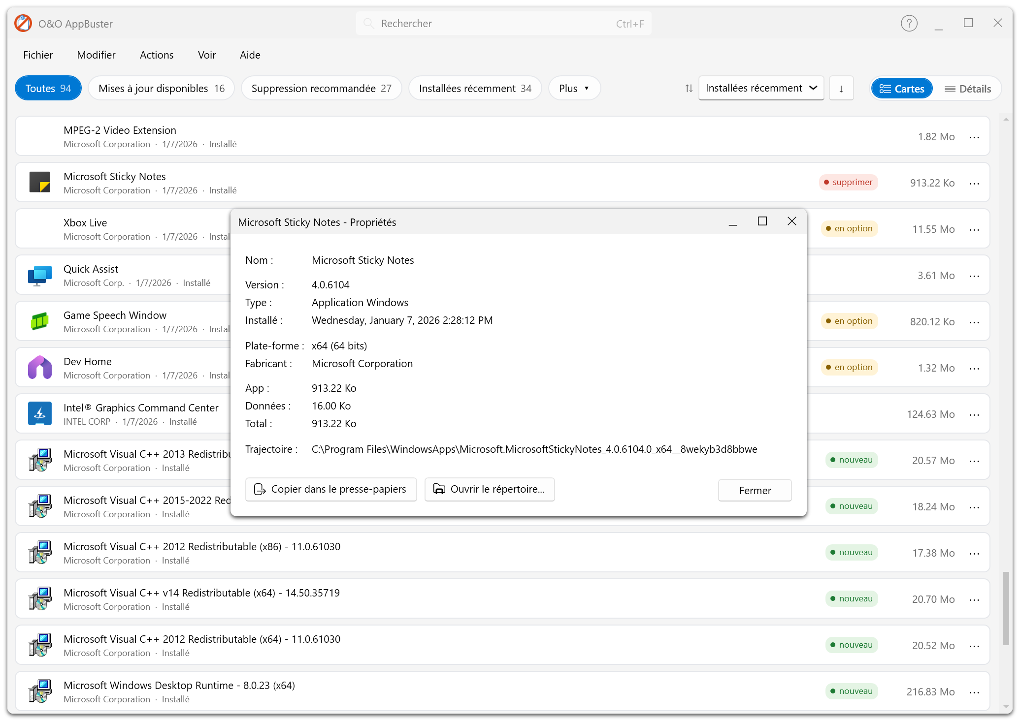 Boîte de dialogue Propriétés d’une application