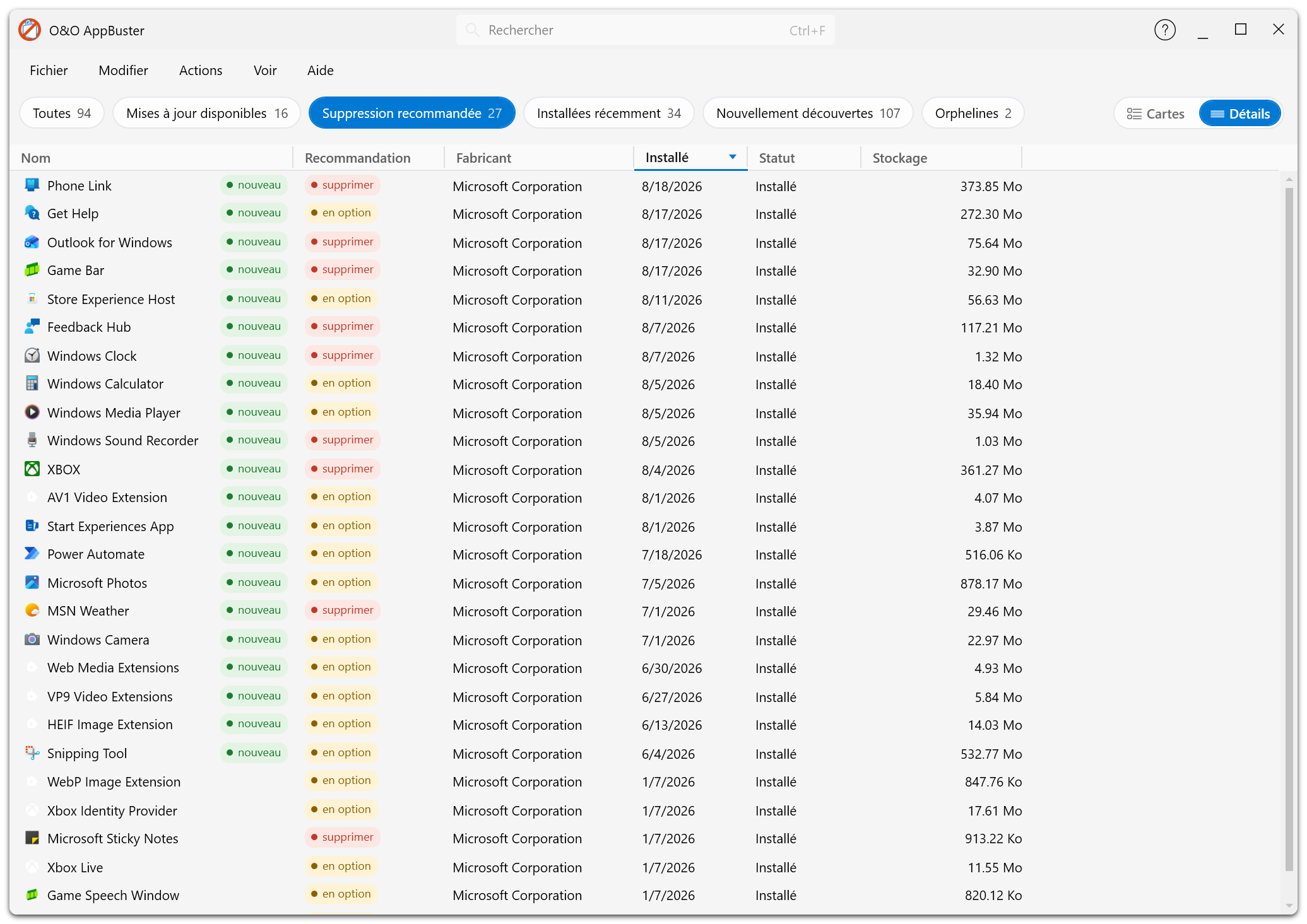 Affichage Détails de la liste des applications