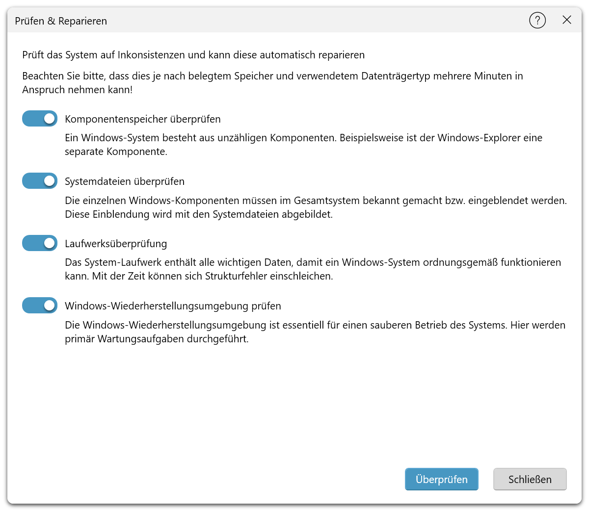 Der Dialog Prüfen &amp; Reparieren mit den Optionen Komponentenspeicher überprüfen, Systemdateien überprüfen, Laufwerksüberprüfung und Windows-Wiederherstellungsumgebung prüfen.