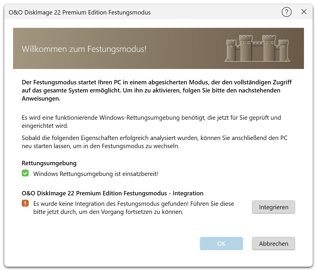 Der Dialog des Festungsmodus prüft die Windows-Rettungsumgebung und bietet die Integration des Festungsmodus an.