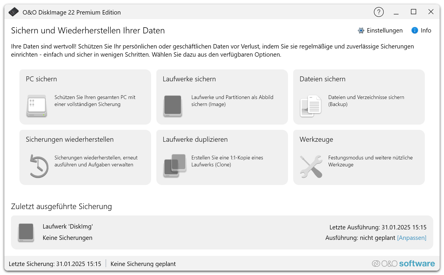 Die Startseite mit den Funktionen zum Sichern, Wiederherstellen und Duplizieren und der zuletzt ausgeführten Sicherung.