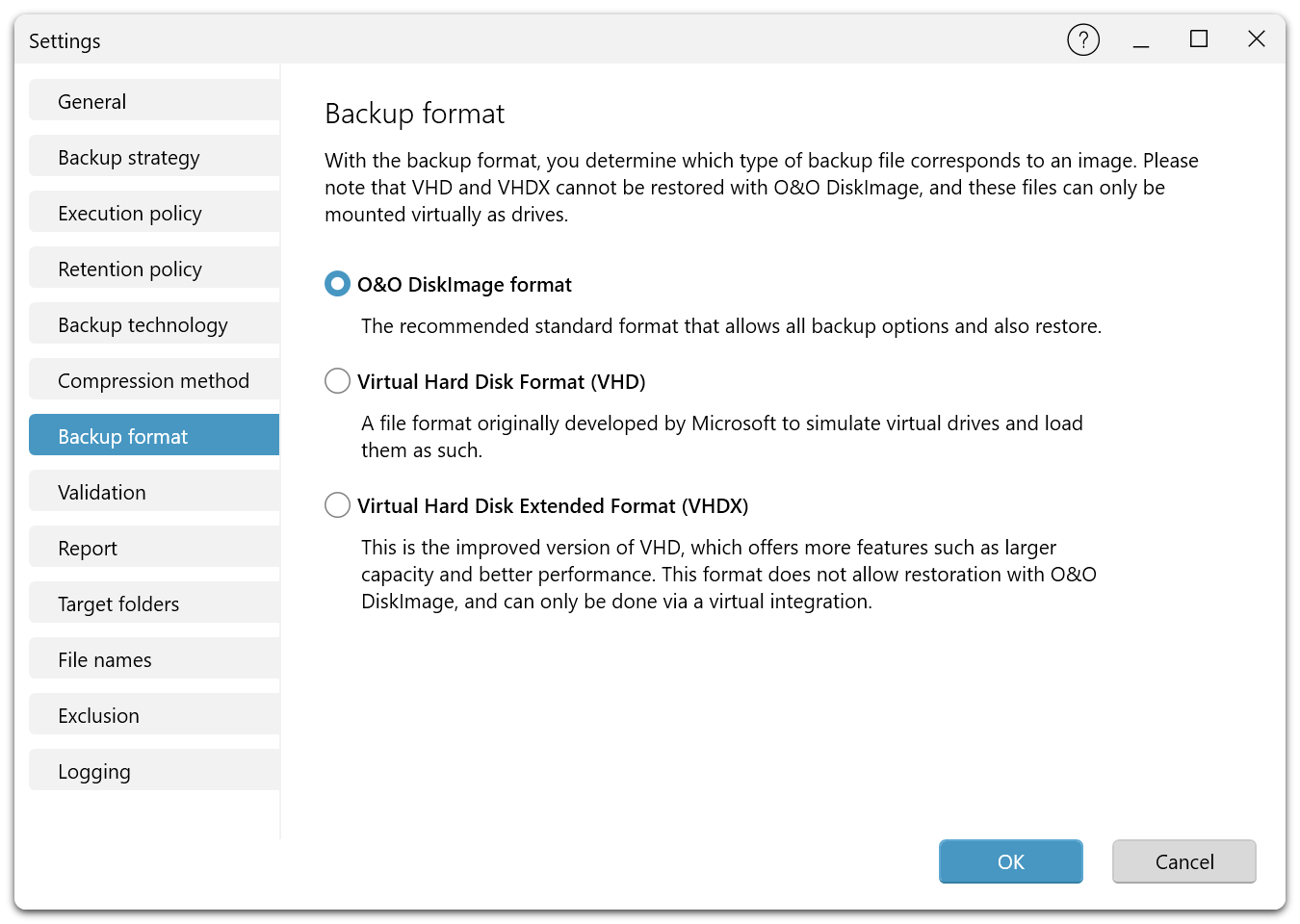 Die Seite Sicherungsformat mit den Optionen O&O DiskImage-Format, Virtual Hard Disk-Format (VHD) und Virtual Hard Disk Extended-Format (VHDX).