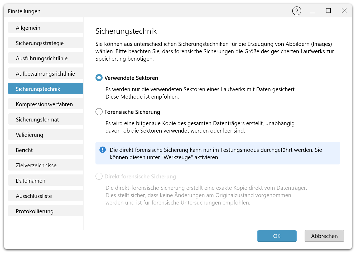 Der Dialog Einstellungen mit den Seiten Allgemein, Sicherungsstrategie, Ausführungsrichtlinie, Aufbewahrungsrichtlinie, Sicherungstechnik, Kompressionsverfahren, Sicherungsformat, Validierung, Bericht, Zielverzeichnisse, Dateinamen, Ausschlussliste und Protokollierung.