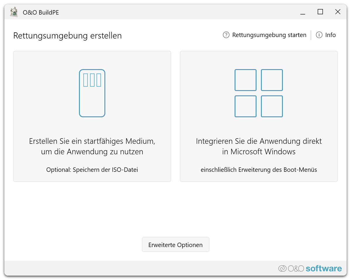 O&O BuildPE bietet an, ein startfähiges Medium zu erstellen oder die Anwendung direkt in Windows zu integrieren.