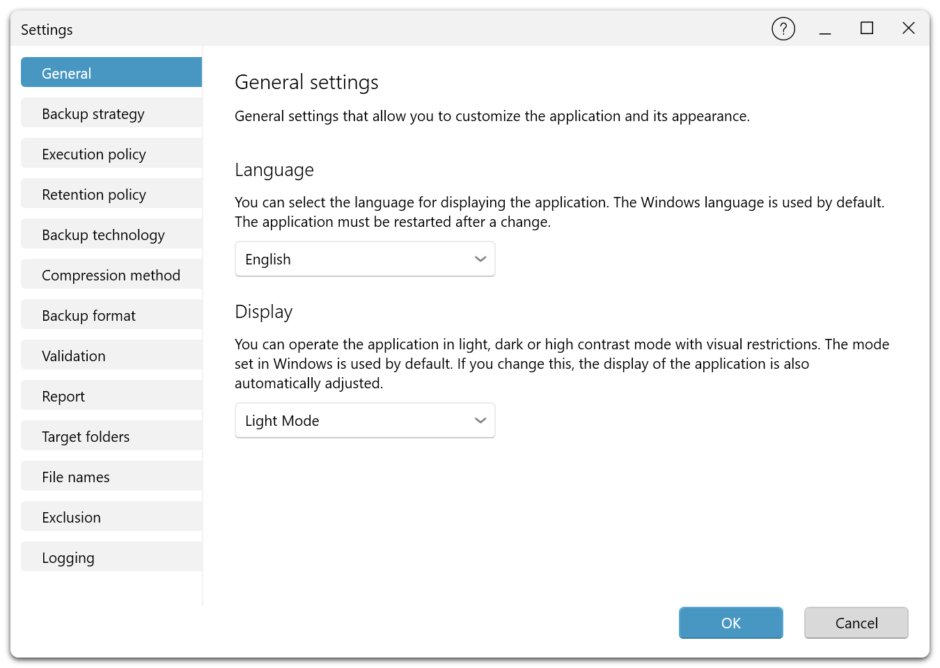 The Settings dialog with the pages General, Backup strategy, Execution policy, Retention policy, Backup technology, Compression method, Backup format, Validation, Report, Target folders, File names, Exclusion and Logging.