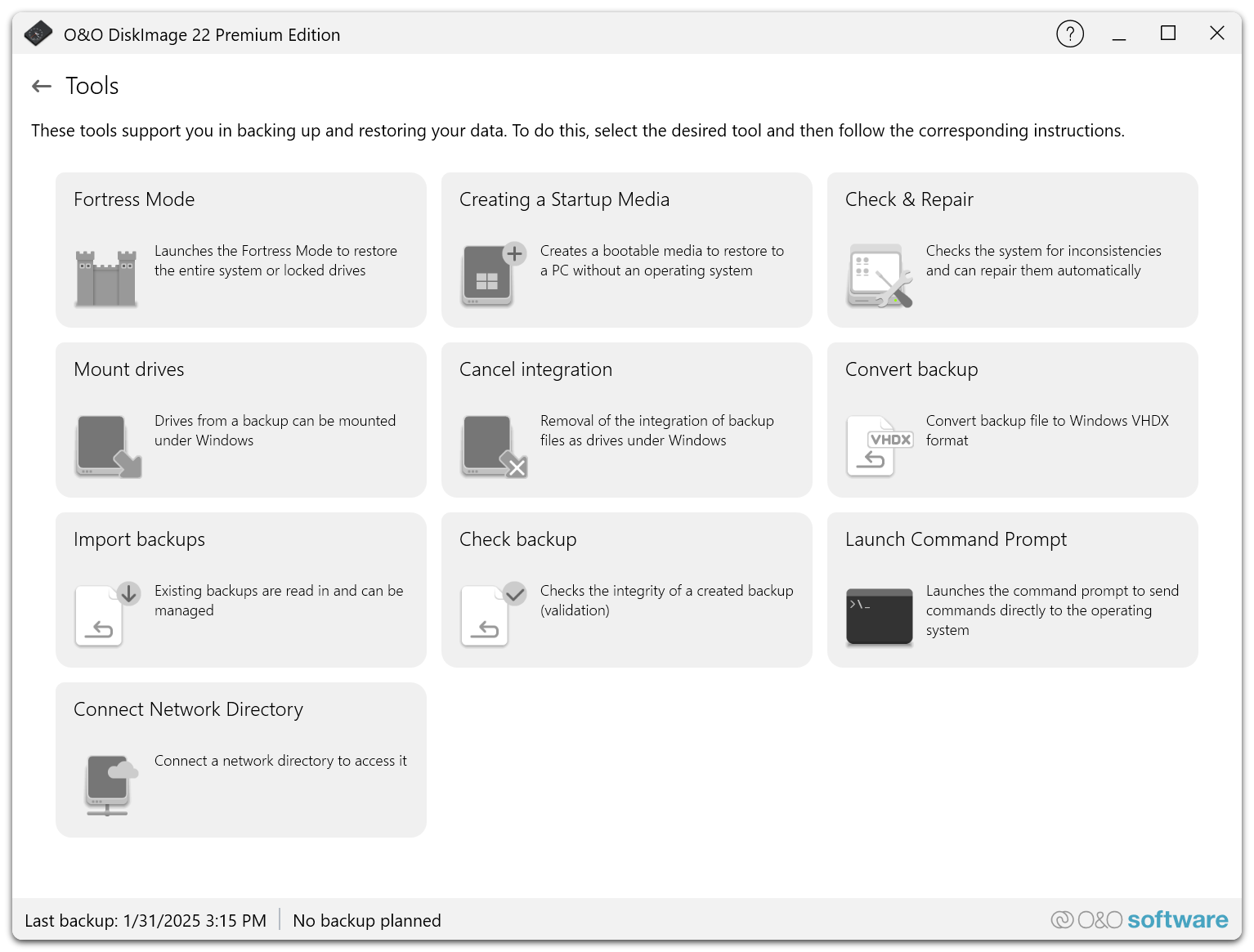 The Tools page with Fortress Mode, Creating a Startup Media, Check & Repair, Mount drives, Cancel integration, Convert backup, Import backups, Check backup, Launch Command Prompt and Connect Network Directory.