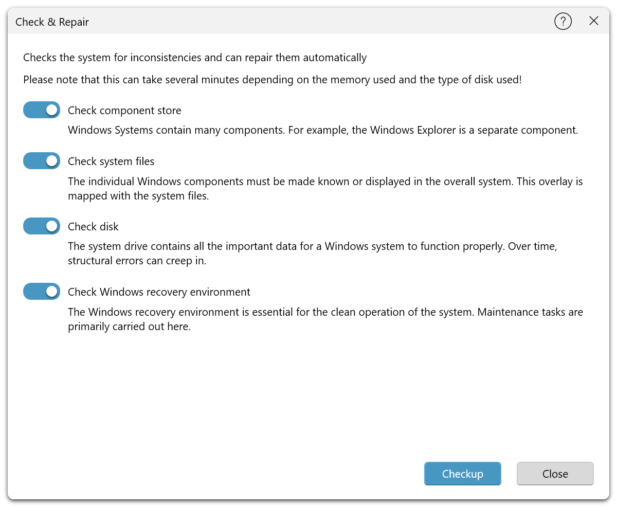 Le dialogue Vérifier & réparer avec les options Vérifier le magasin de composants, Vérifier les fichiers système, Vérifier le disque et Vérifier l’environnement de récupération Windows.