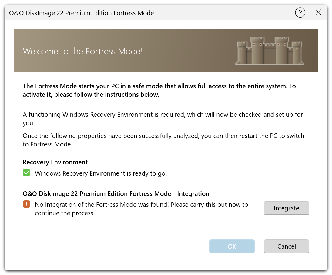 Le dialogue du mode forteresse vérifie l’environnement de récupération Windows et propose d’intégrer le mode forteresse.