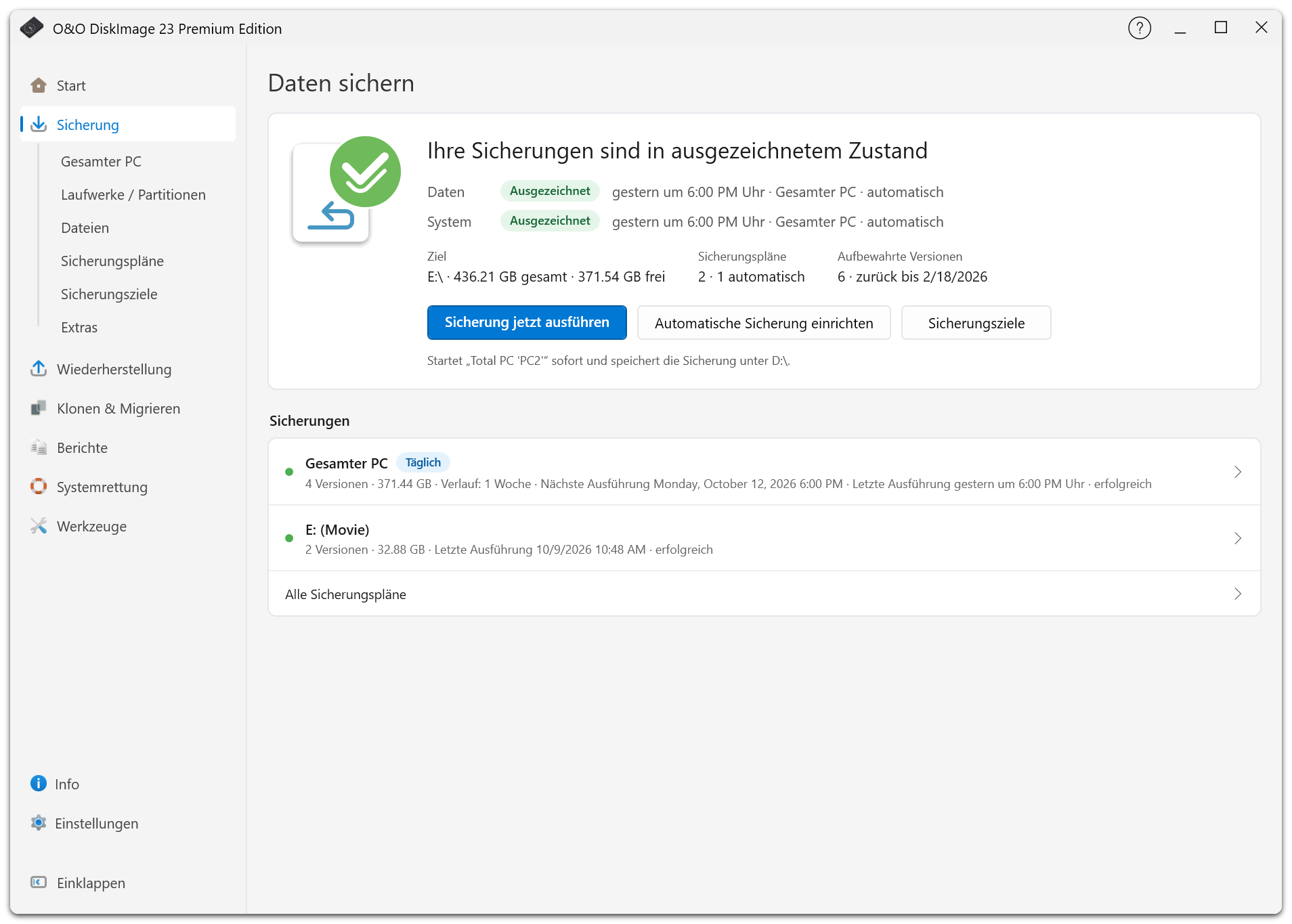 Die Sicherungsübersicht zeigt vorhandene Pläne und bietet den Einstieg in eine neue Sicherung.