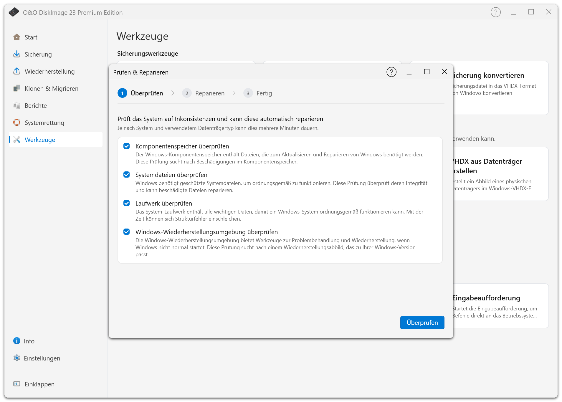 Prüfen und Reparieren untersucht den Komponentenspeicher, Systemdateien, Laufwerke und die Windows-Wiederherstellungsumgebung.