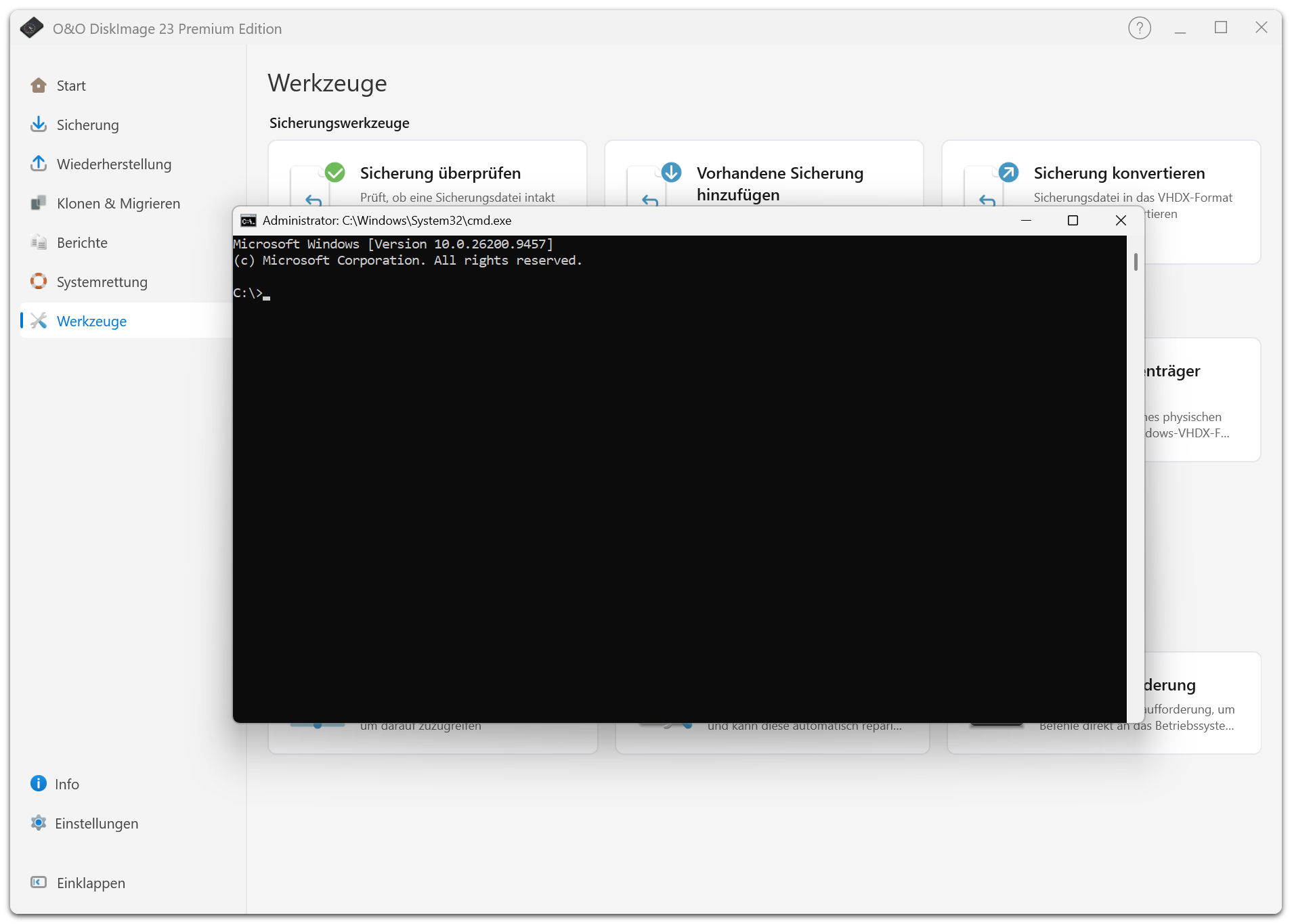 Das Werkzeug öffnet die Windows-Eingabeaufforderung für Diagnose- und Supportaufgaben.