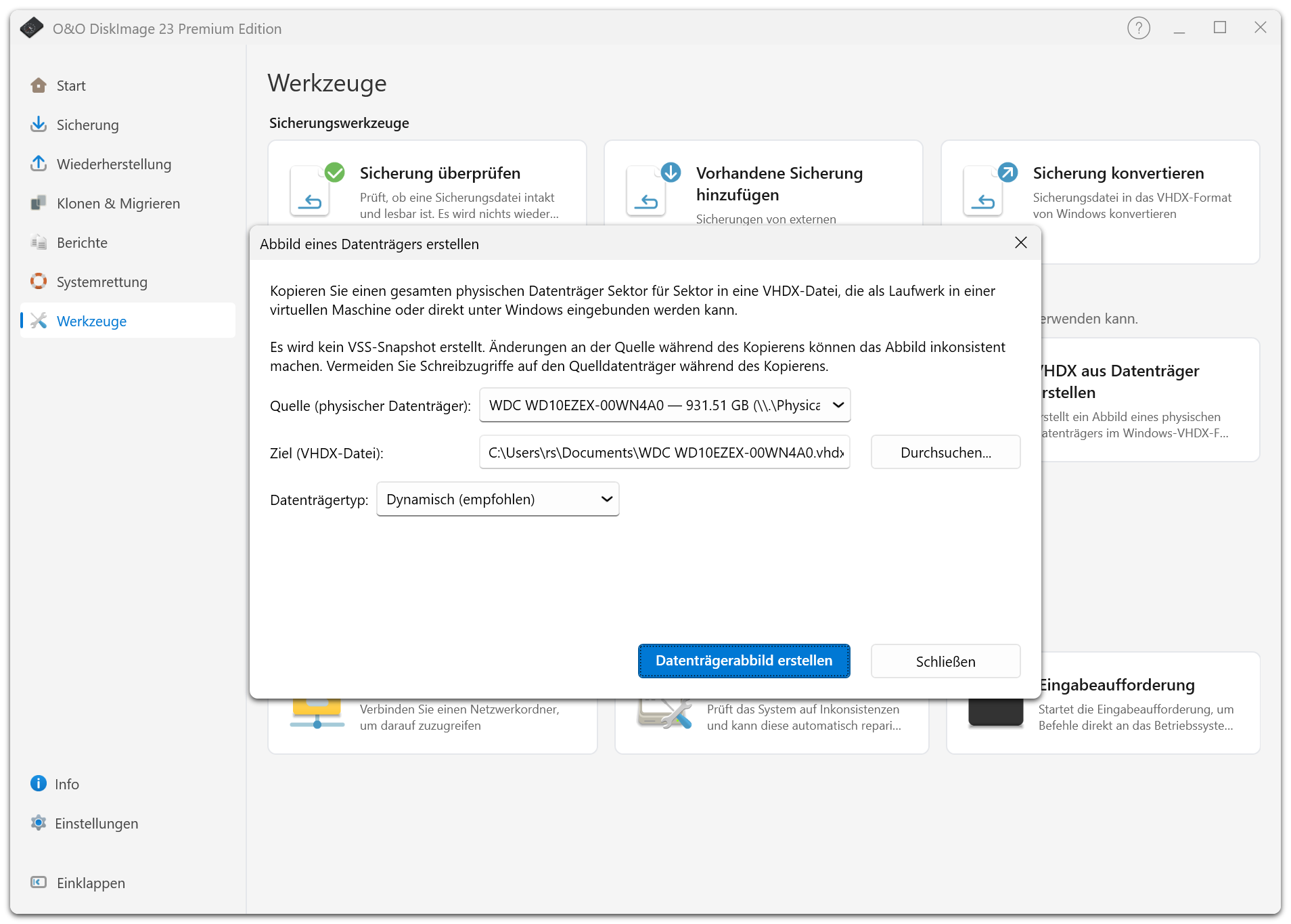 Der Dialog erstellt eine VHDX-Datei aus dem ausgewählten physischen Datenträger.