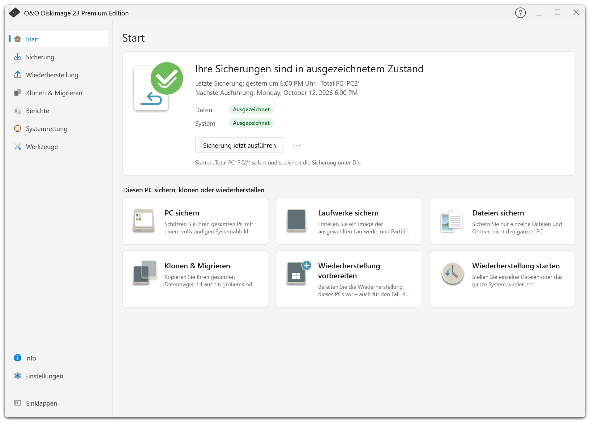 Die Startseite zeigt den Sicherungsstatus und die Aktionen zum Sichern, Klonen und Wiederherstellen.