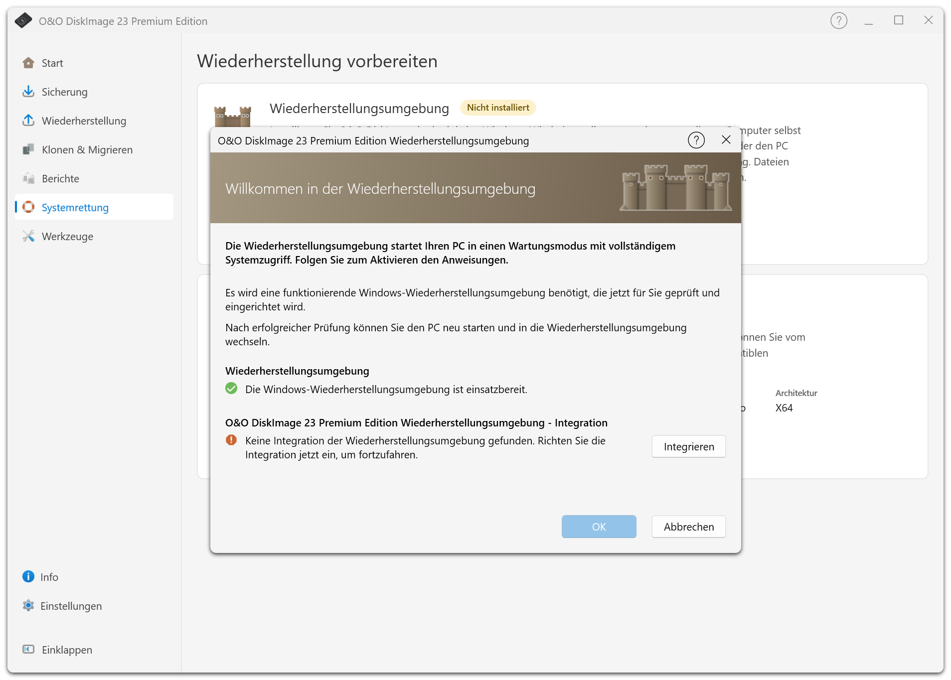 Der Einrichtungsdialog prüft Windows RE und bietet die Integration von O&O DiskImage an.
