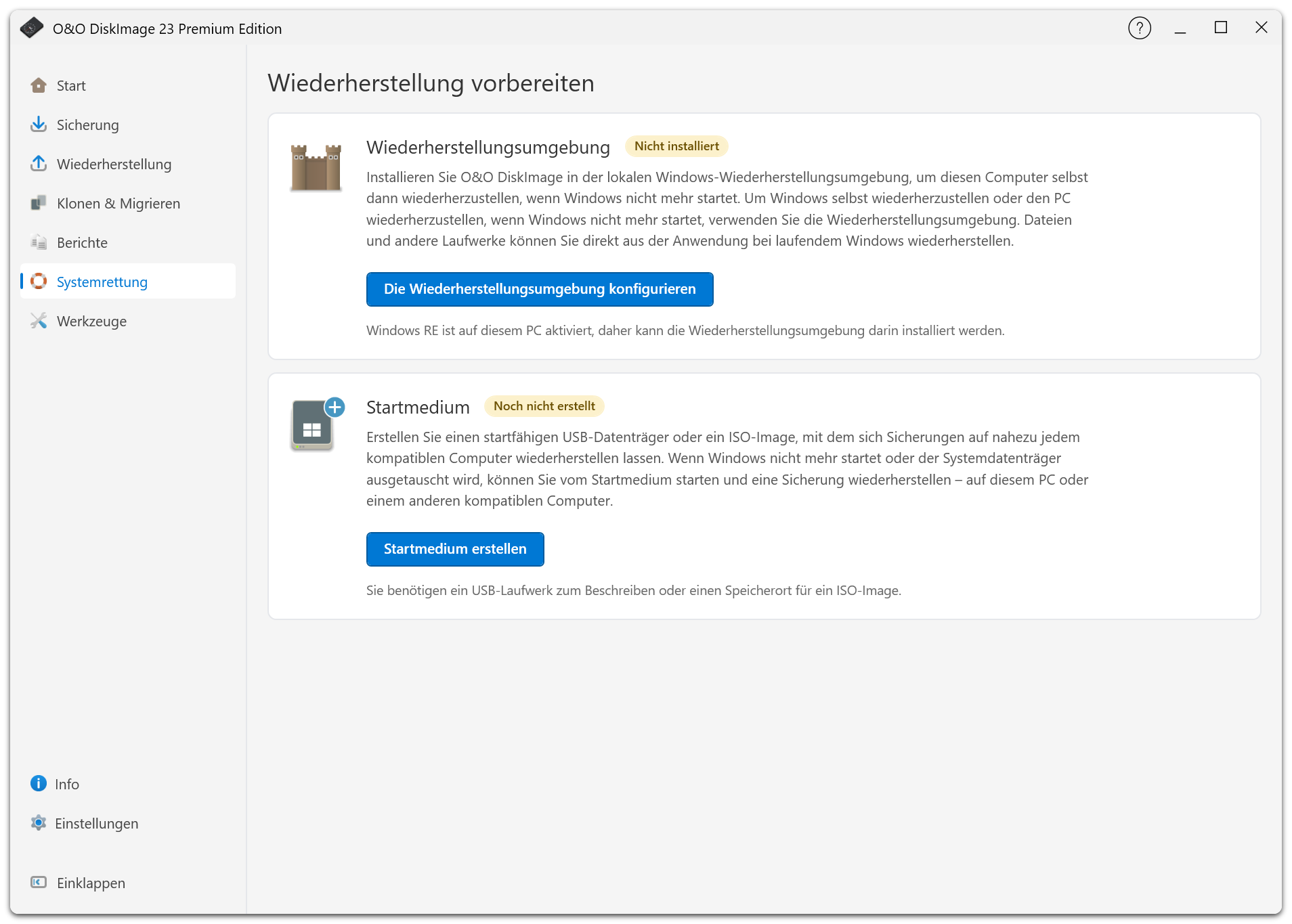 Die Systemrettung zeigt den Zustand der lokalen Wiederherstellungsumgebung und des Startmediums.