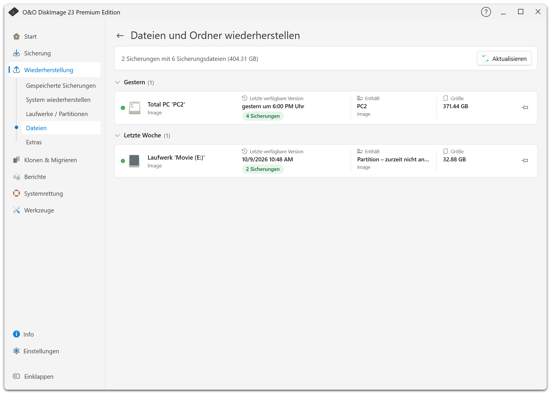Wählen Sie eine der aufgeführten Sicherungen aus, um Dateien und Ordner wiederherzustellen.