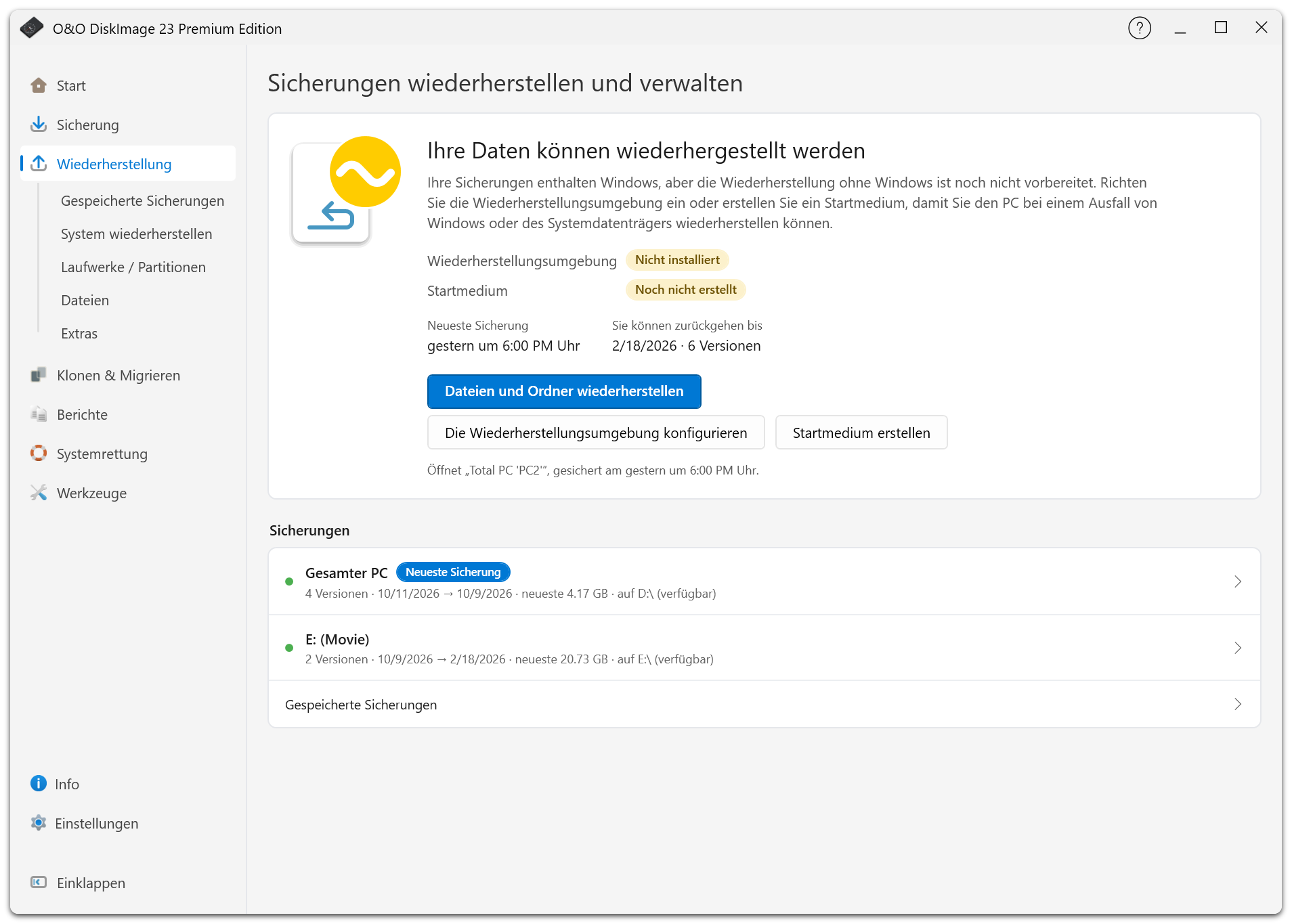 Die Wiederherstellungsübersicht zeigt verfügbare Sicherungen und den Zustand der Wiederherstellungsoptionen.