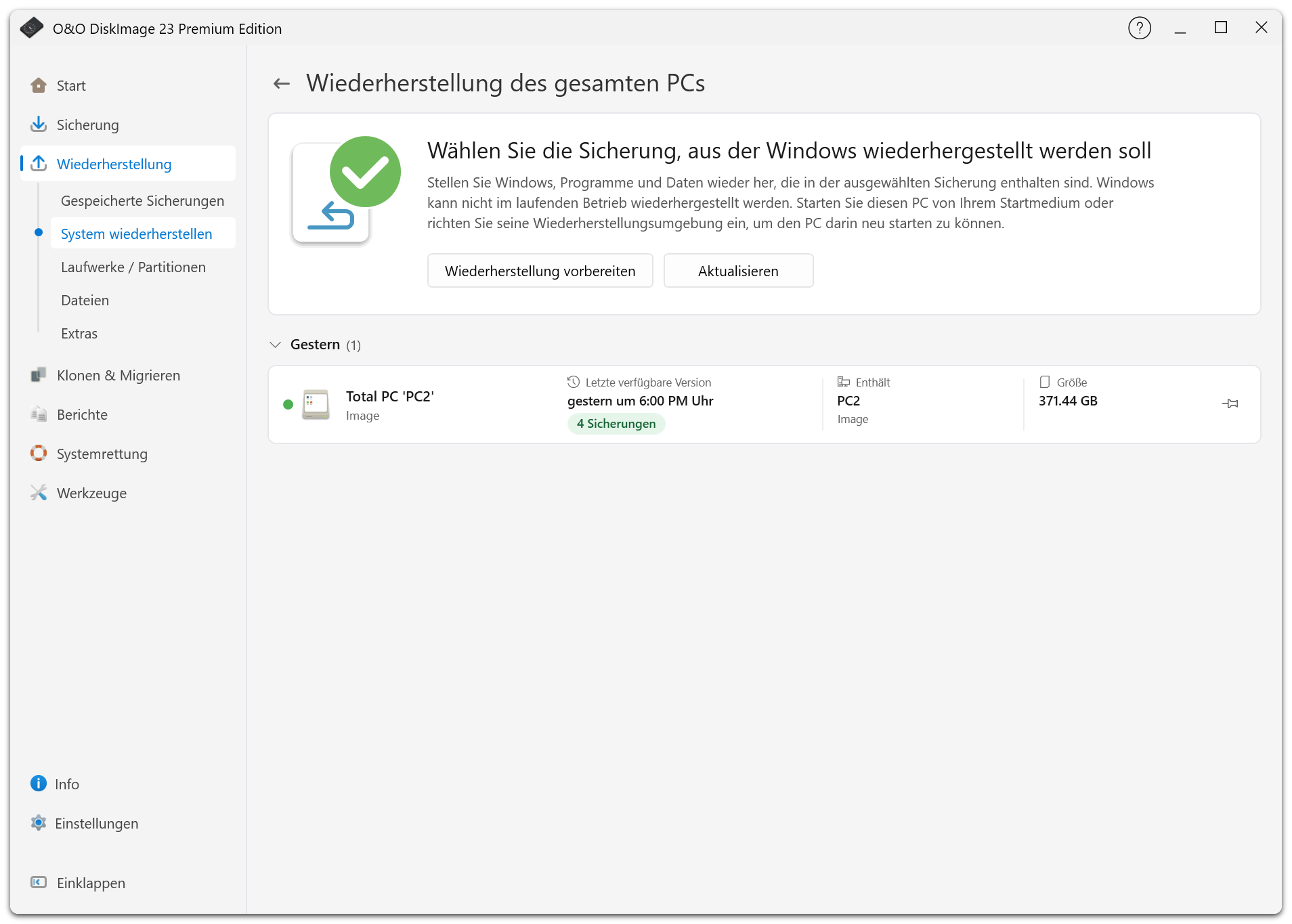 Die Systemwiederherstellung zeigt geeignete Windows-Sicherungen und den Zugang zur Wiederherstellungsvorbereitung.