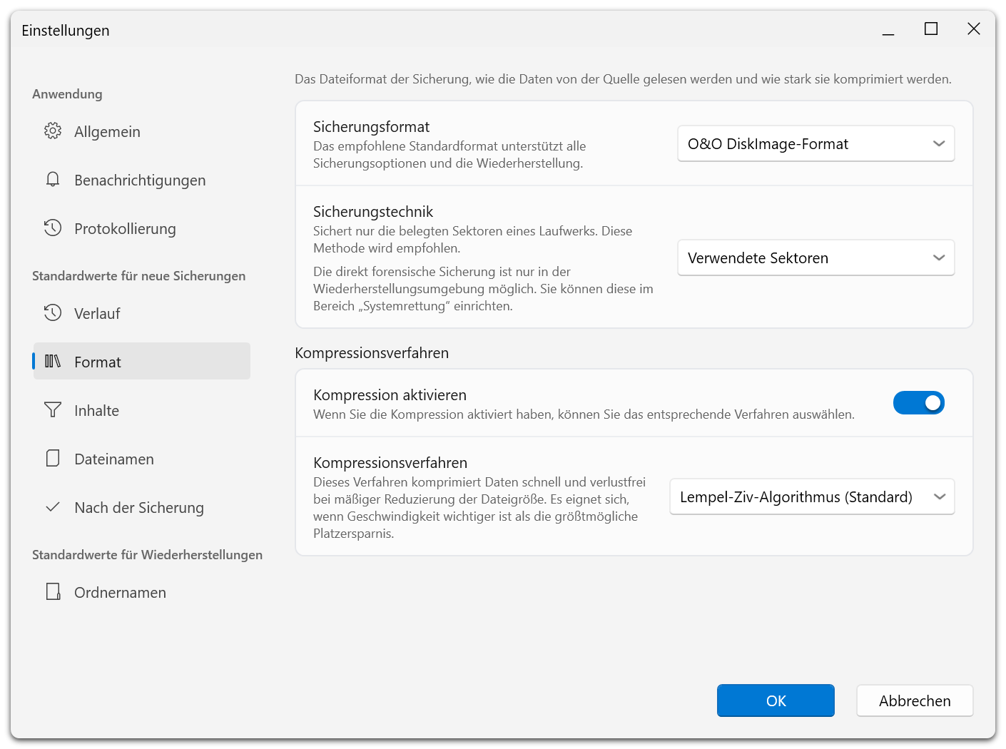 Die Formatvorgaben für neue Sicherungen umfassen Sicherungsformat, Sicherungstechnik und Kompression.