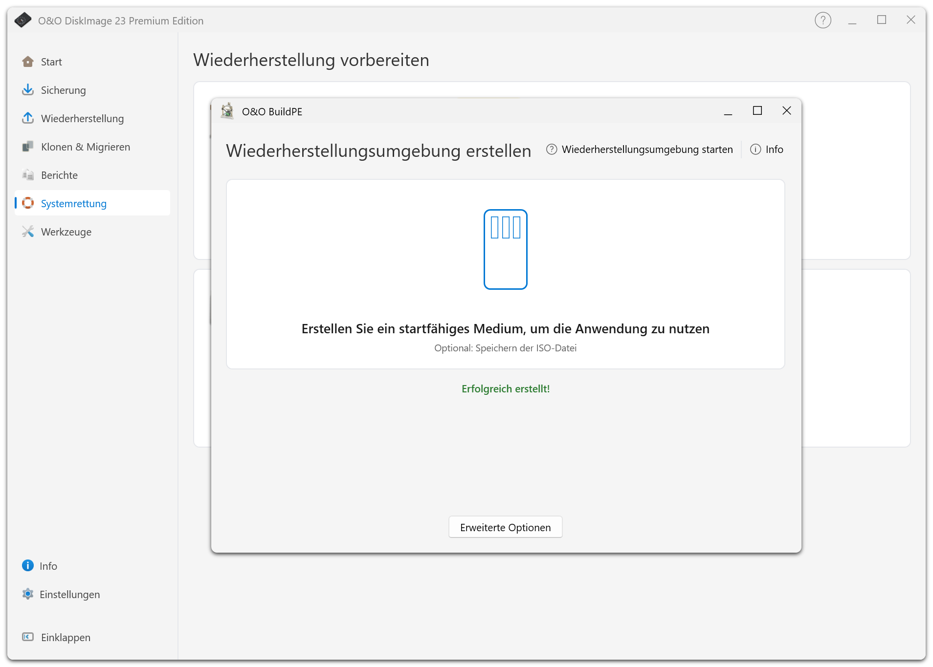 Der Assistent bestätigt, dass das startfähige Wiederherstellungsmedium erfolgreich erstellt wurde.