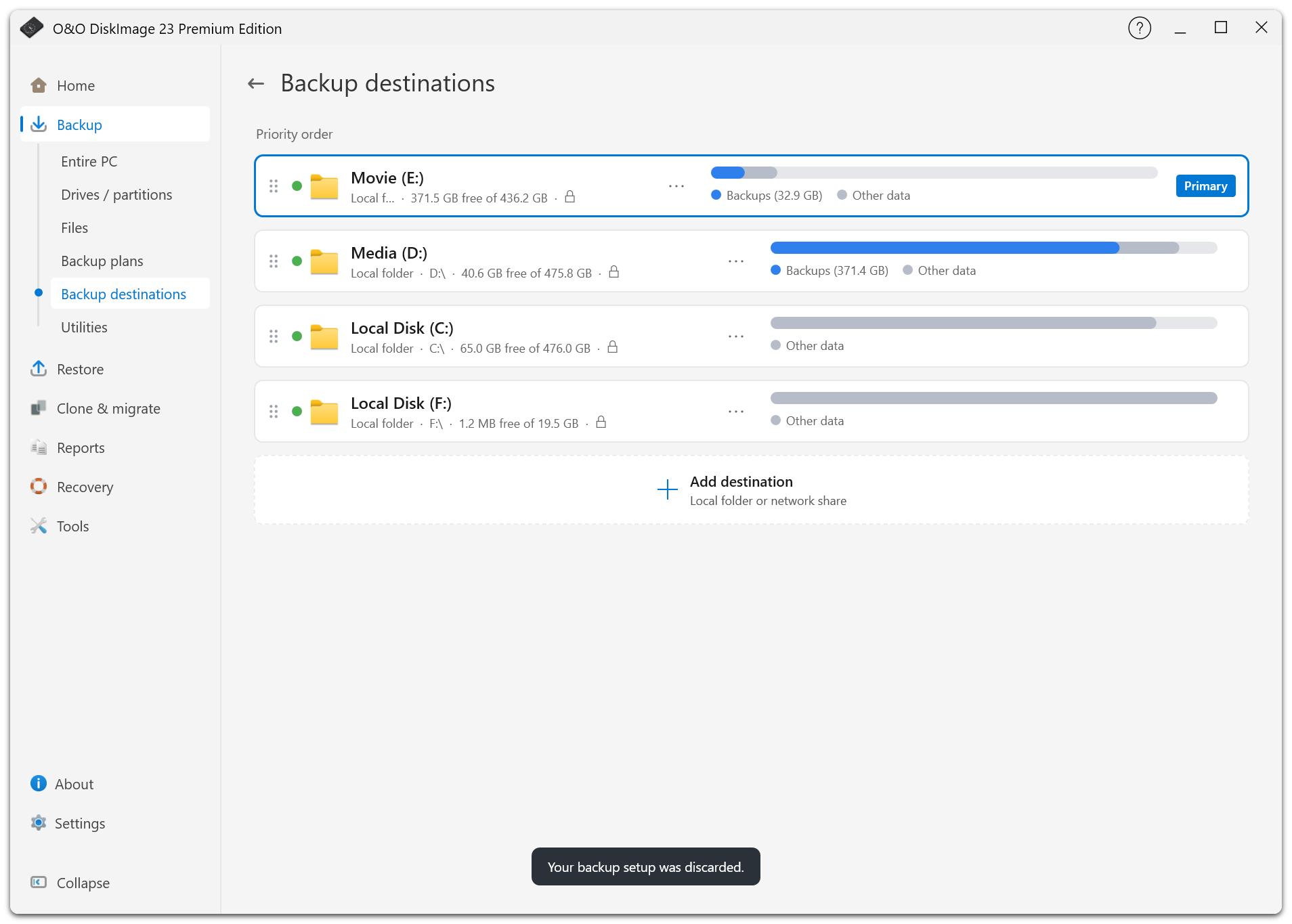 Backup destinations show drive priority, storage usage, and the primary destination.