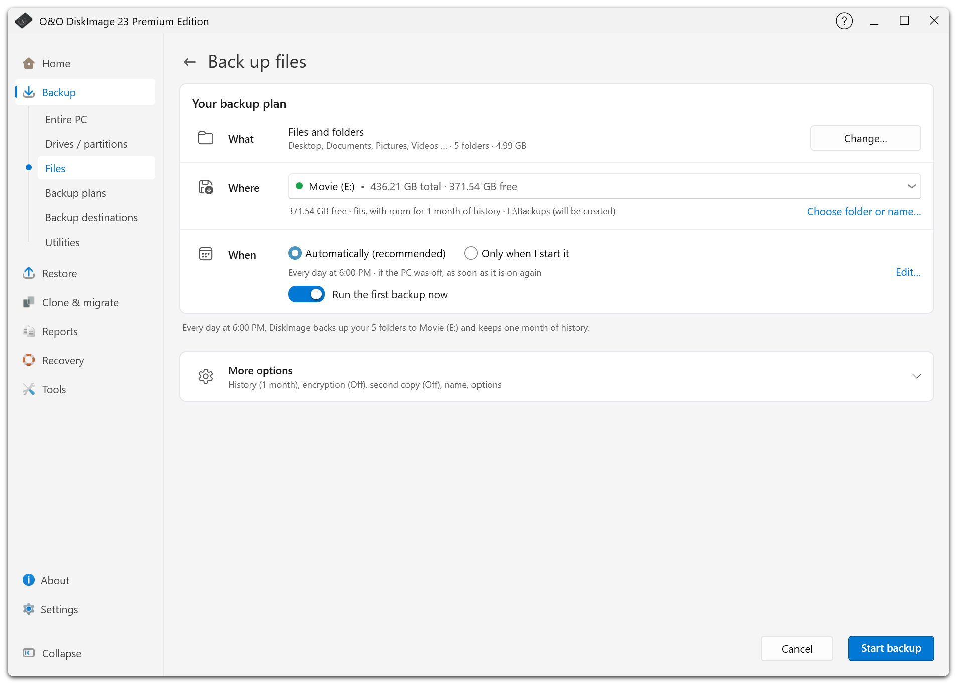Example file backup: the plan brings together the source, destination, and schedule under What, Where, and When.