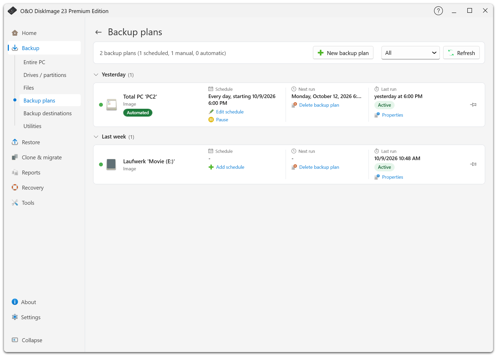 The plan list shows schedules, previous and upcoming runs, and actions for editing or starting a backup.