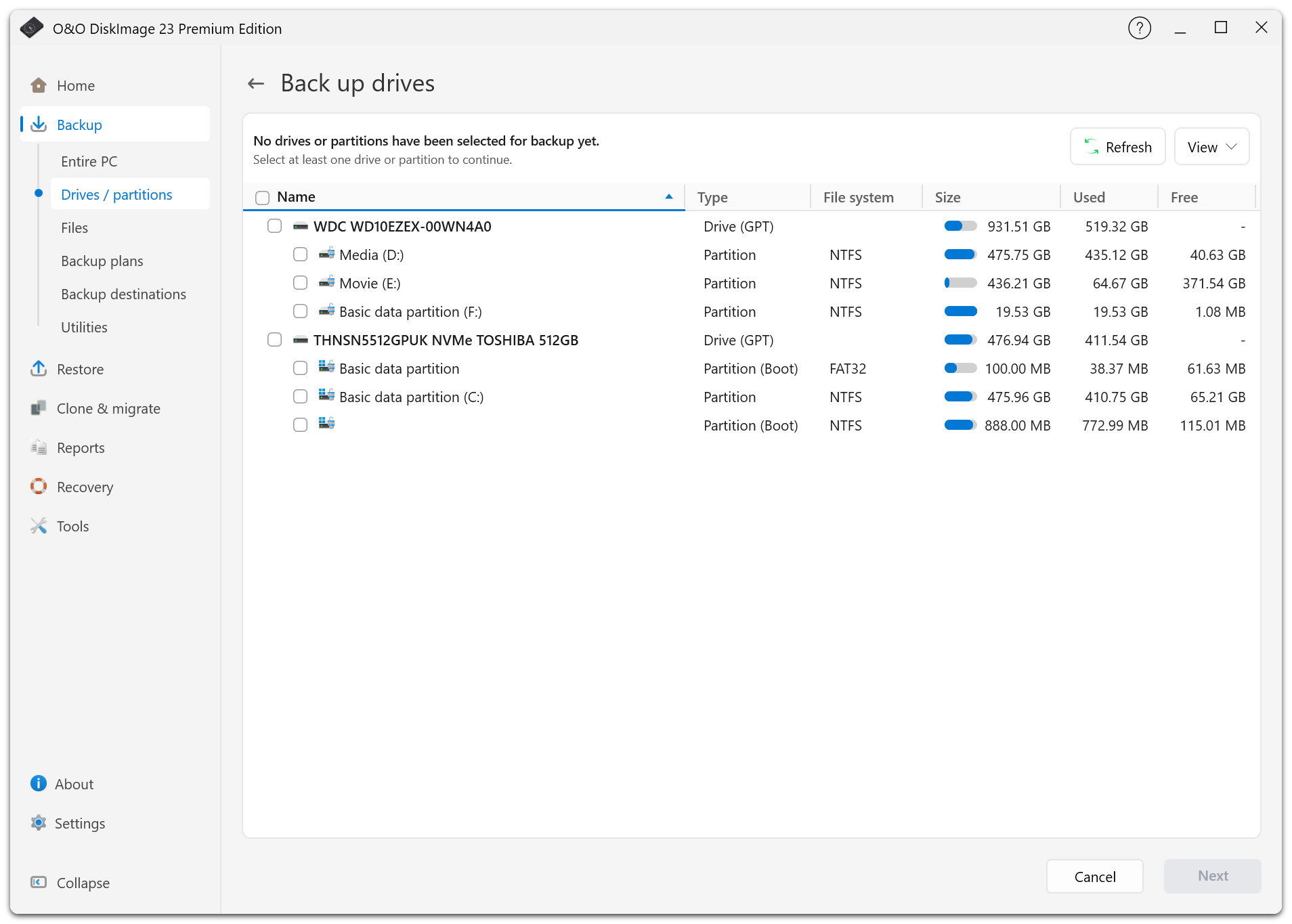 Select the disks or partitions to back up from the drive list.
