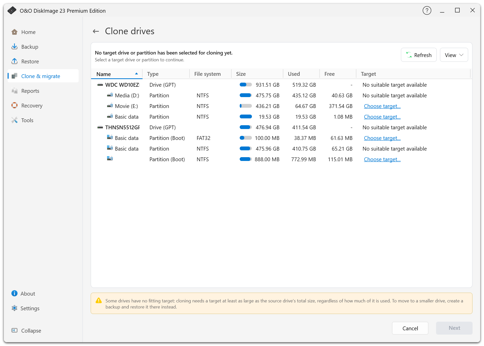 The disk list shows potential sources and whether suitable cloning targets are available.