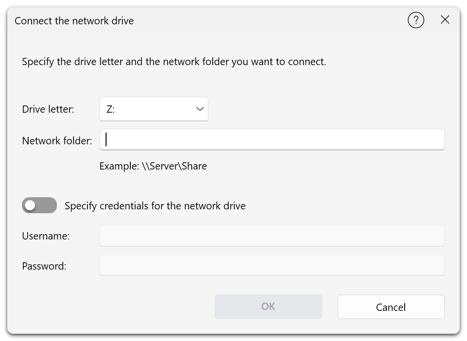 Enter a drive letter, network folder, and credentials if required to connect the share.