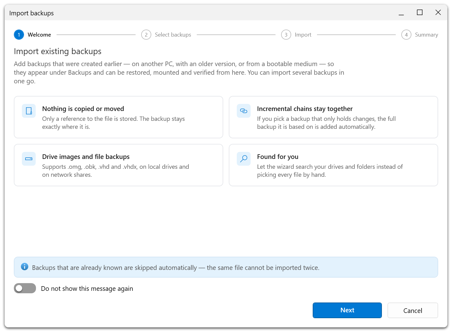 The wizard for adding existing backups explains the import and how related backup files are handled.