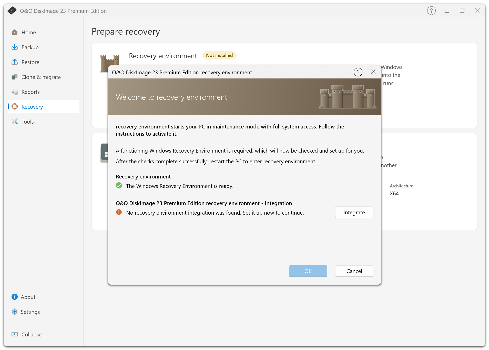 The setup dialog checks Windows RE and offers to integrate O&amp;O DiskImage.