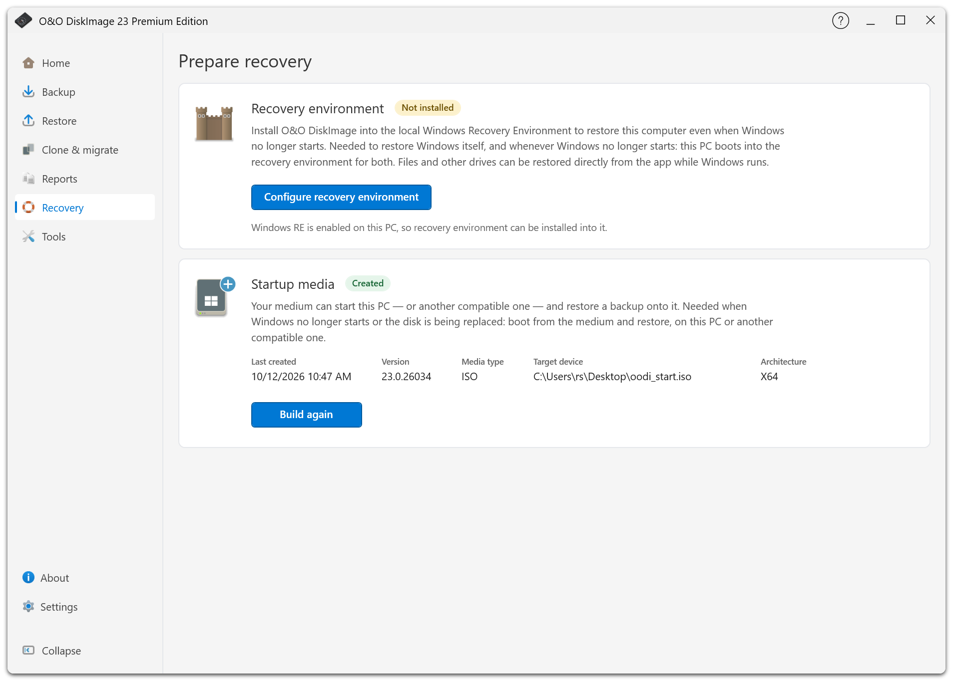 The recovery page shows the status of the local recovery environment and startup media.