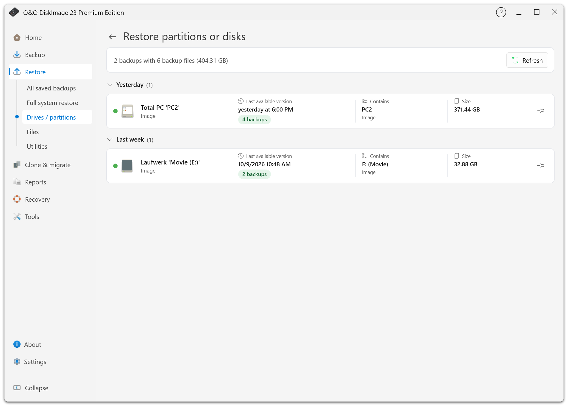 The drives and partitions view lists backups available for restoring disks or partitions.