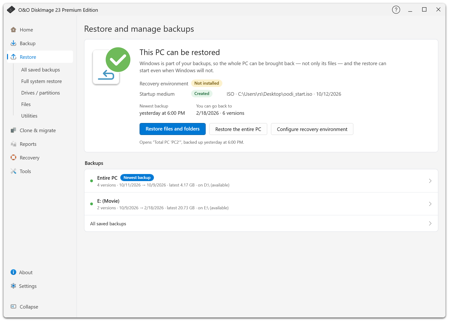 The restore overview shows available backups and the status of recovery startup options.