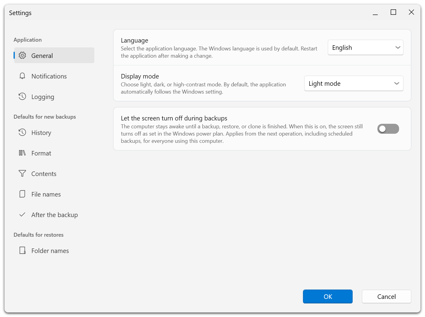 General settings control the language, display mode, and whether the screen may turn off during backups.