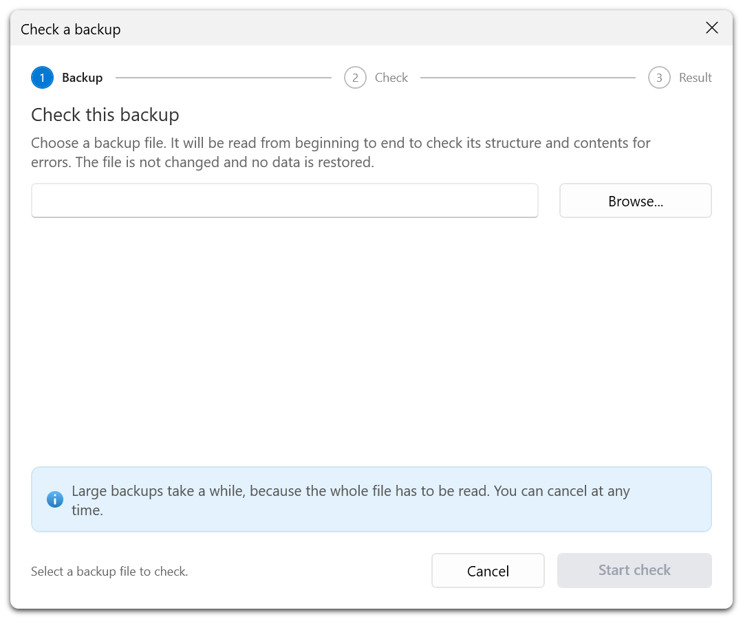 Select the backup file whose integrity you want to check in the validation wizard.