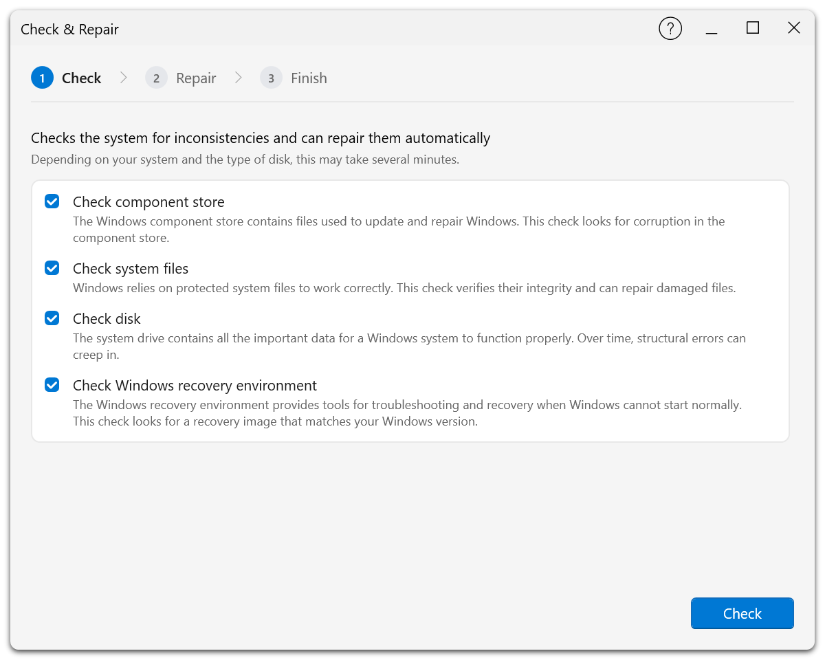 L’outil de vérification et de réparation examine le magasin de composants, les fichiers système, les lecteurs et l’environnement de récupération Windows. (Interface en anglais.)