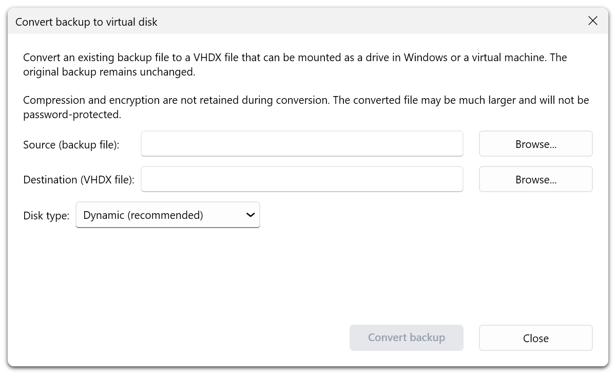Pour convertir une sauvegarde, choisissez le fichier source, le fichier VHDX de destination et le type de disque. (Interface en anglais.)