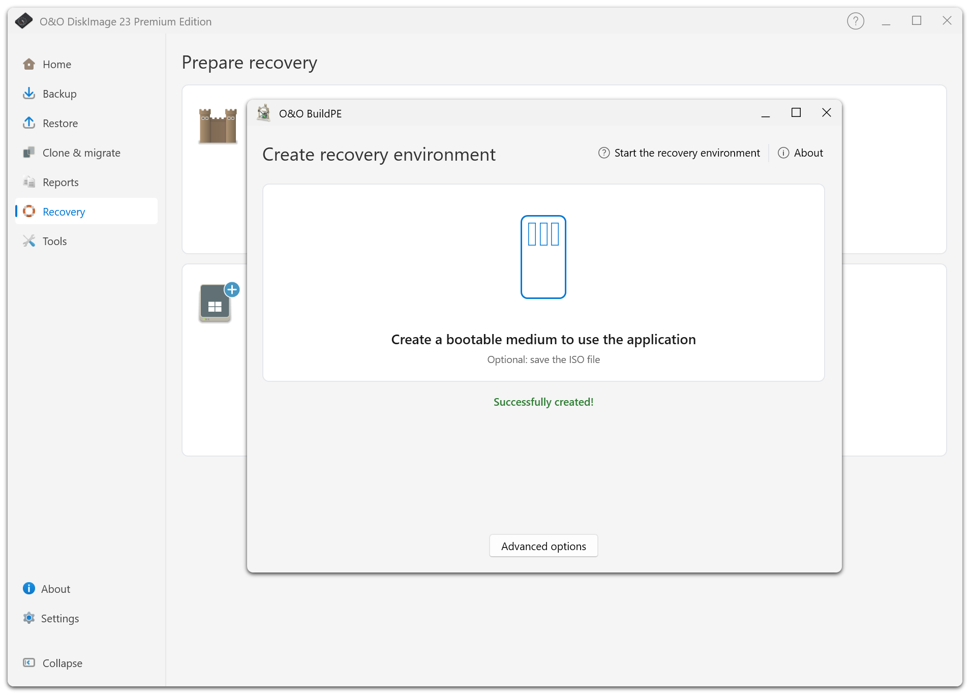 L’assistant confirme la création du support de récupération amorçable. (Interface en anglais.)