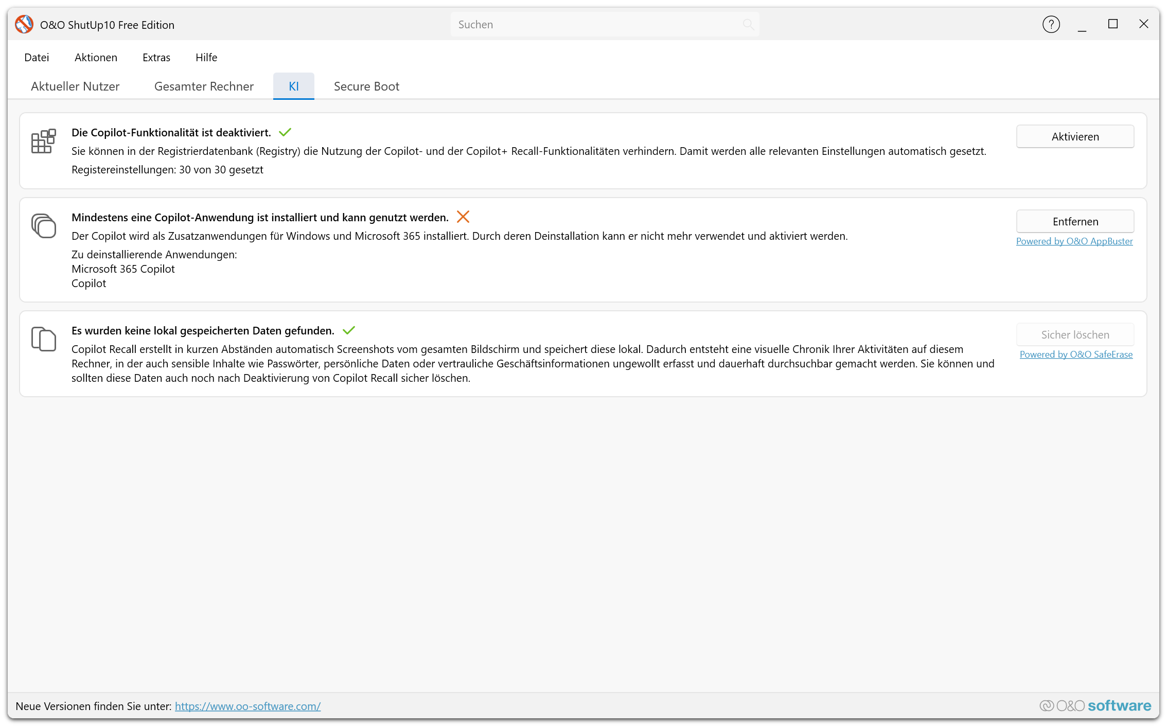 Free Edition — KI-Registerkarte mit Copilot-Deaktivierungsstatus, Anwendungsentfernung und sicheren Datenlöschoptionen